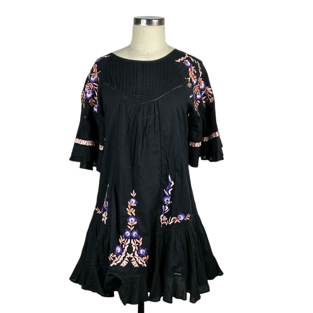 FREE‎ PEOPLE Pavlo Babydoll Dress Black Mini Embroidered Boho Women's Size Small